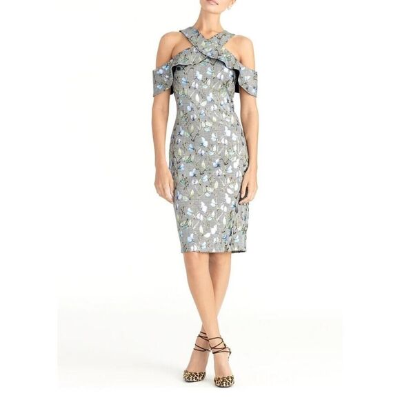 Rachel Roy Jolie Grey Metallic Floral Plaid Crossover Neckline Dress Size S NWOT - Picture 1 of 8